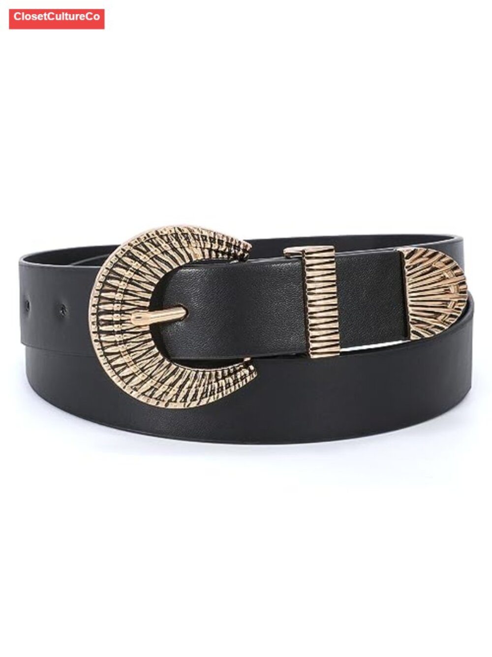 Faux Leather Western Waist Belt Vintage Carved Metal Buckle Adjustable